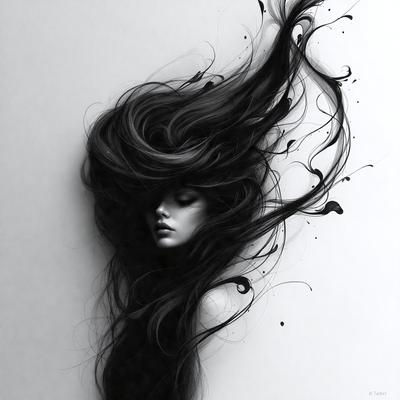 The primary subject of the image is a woman with long, dark hair. She is depicted with a dramatic, flowing hairstyle, and her eyes are closed. The setting is a white wall, which serves as the background for the drawing. The visual style is a black and white drawing, giving the image a classic and timeless feel. The colors and mood of the image are predominantly dark, with the woman's hair and the drawing's overall style creating a sense of mystery and elegance.